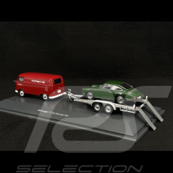 Volkswagen T1 Combi Porsche Renndienst mit Anhänger + Porsche 901 1963 Rot / Dunkelgrün Metallic 1/43 Schuco 450731300