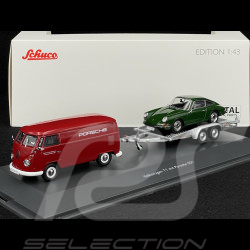 Volkswagen T1 Combi Porsche Renndienst with Trailer + Porsche 901 1963 Red / Dark Green Metallic 1/43 Schuco 450731300