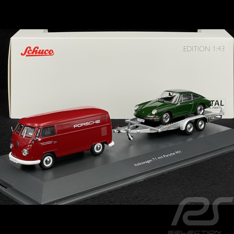 Volkswagen T1 Combi Porsche Renndienst mit Anhänger + Porsche 901 1963 Rot / Dunkelgrün Metallic 1/43 Schuco 450731300