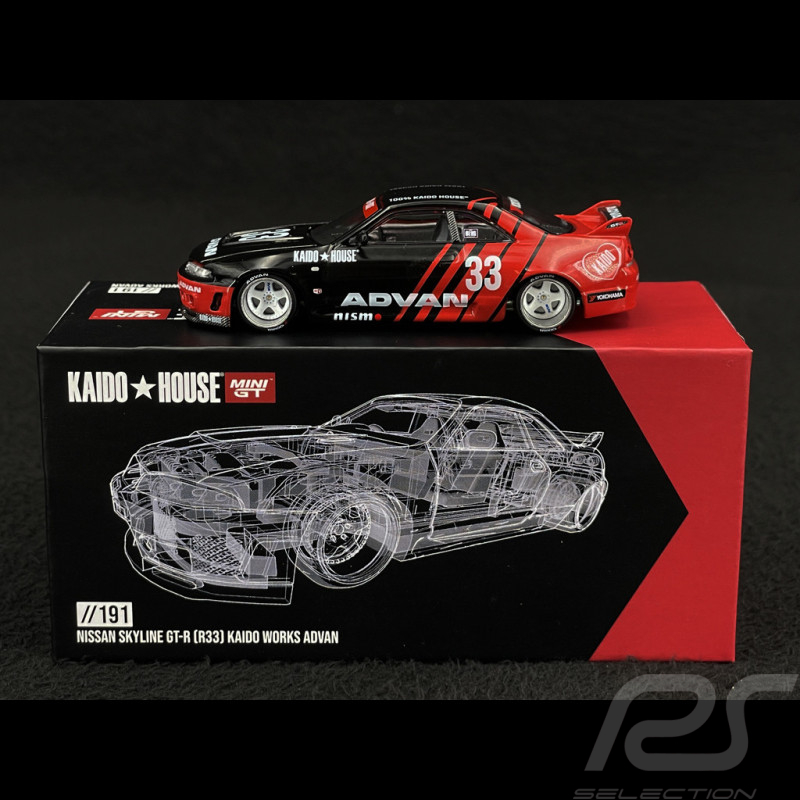 Nissan Skyline GT-R R33 Kaido Works Advan Schwarz / Rot 1/64 Mini GT KHMG191