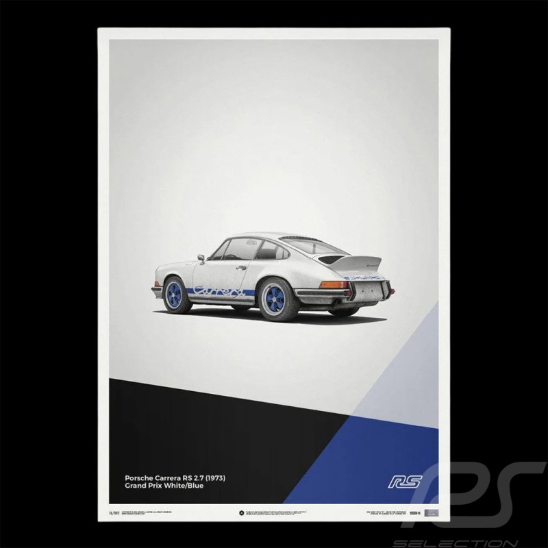 Poster Porsche 911 Carrera RS 2.7 1973 Blanc Grand Prix / Bandes Bleues 50 x 70 cm PROD01000115