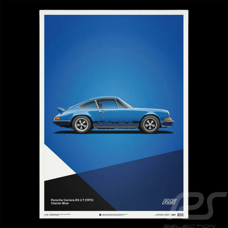 Poster Porsche 911 Carrera RS 2.7 1973 Bleu Glacier / Bandes Noires 50 x 70 cm PROD01000109