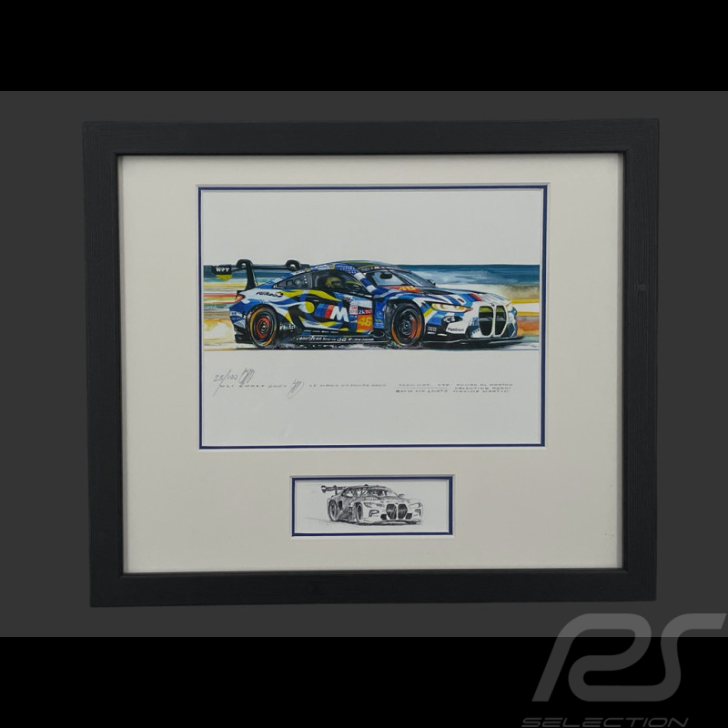 Cadre BMW M4 GT3LM n° 46 24h Le Mans 2024 Le Maître Valentino Cadre en Bois Noir avec esquisse 25 x 30 cm - Uli Ehret