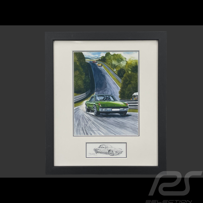 Porsche Rahmen 914 Nürburgring Schwarzer Holzrahmen mit Skizze 25 x 30 cm - Uli Ehret