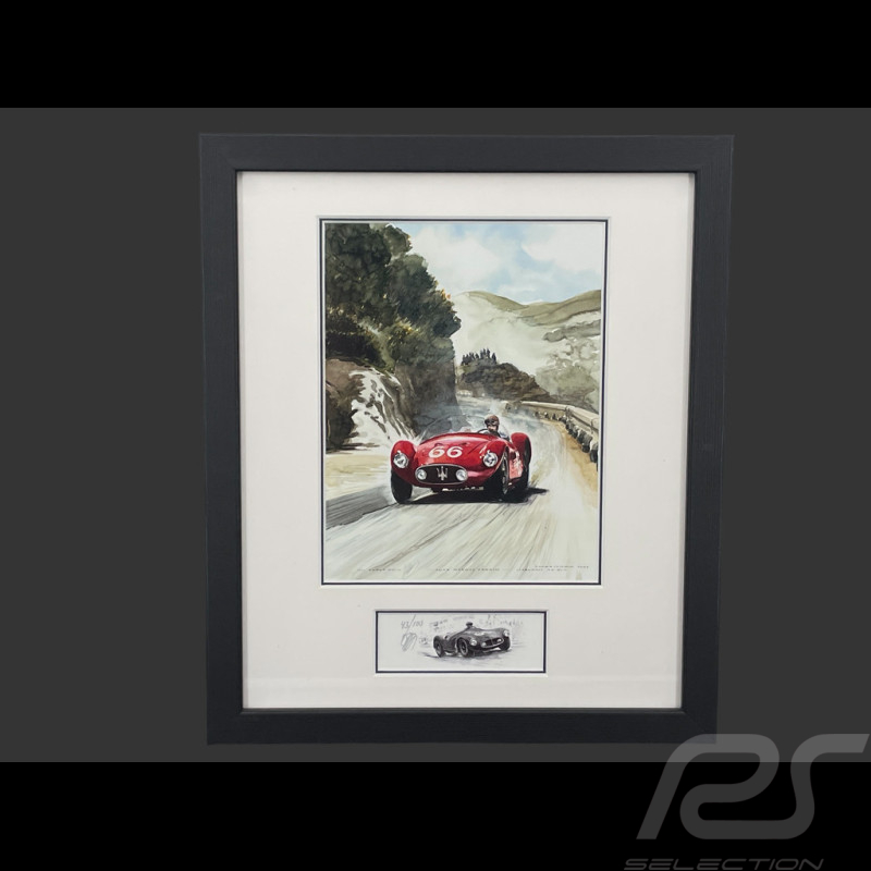 Cadre Maserati A6 GCS n° 66 Juan Manuel Fangio Targa Florio 1953 Cadre en Bois Noir avec esquisse 25 x 30 cm - Uli Ehret