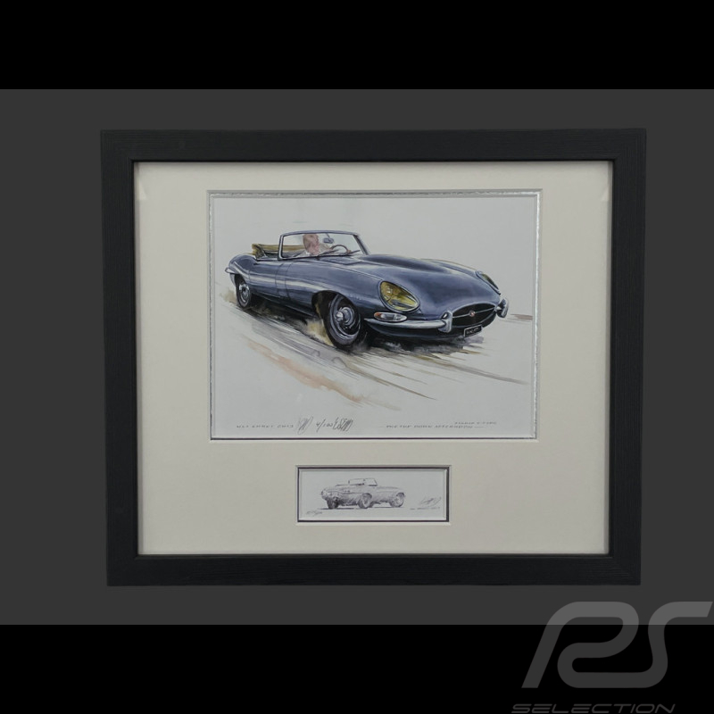 Jaguar Rahmen E-Type Staffel 1 Cabriolet 1963 Schwarzer Holzrahmen mit Skizze 25 x 30 cm - Uli Ehret