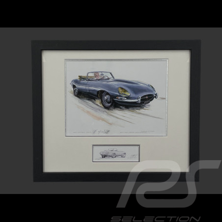 Jaguar Rahmen E-Type Staffel 1 Cabriolet 1963 Schwarzer Holzrahmen mit Skizze 25 x 30 cm - Uli Ehret