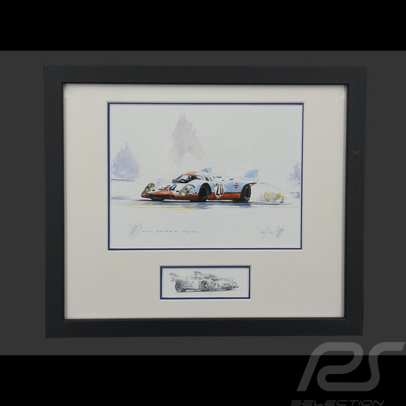 Cadre Porsche 917 K n° 20 Gulf 24h Le Mans 1970 Les Fantômes du Mans Cadre en Bois Noir avec esquisse 25 x 30 cm - Uli Ehret