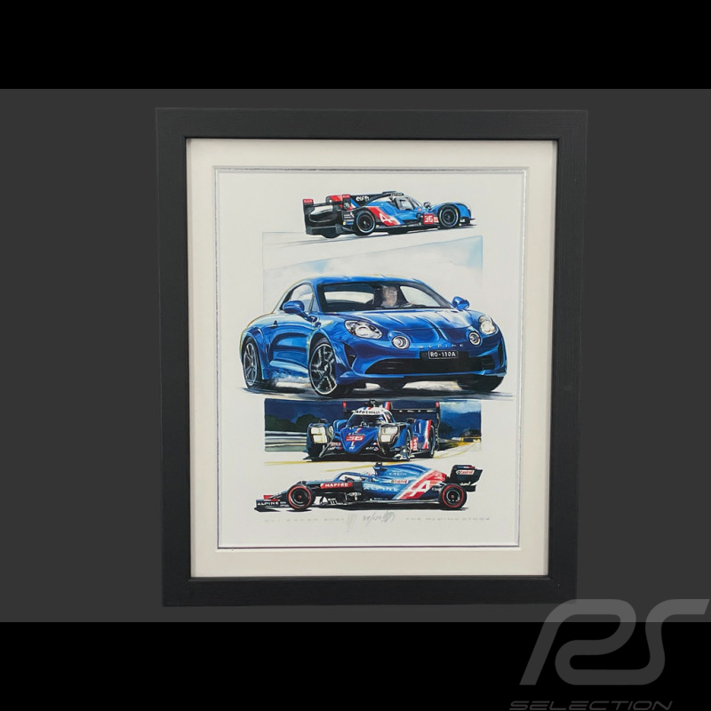 Alpine Rahmen A110 / A521 F1 / A480 LMP1 n° 36 / A424 n° 36 Alpine Geschichte Schwarzer Holzrahmen 25 x 30 cm - Uli Ehret