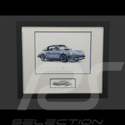 Porsche Rahmen 911 Targa SC Blaue Schwarzer Holzrahmen mit Skizze 25 x 30 cm - Uli Ehret