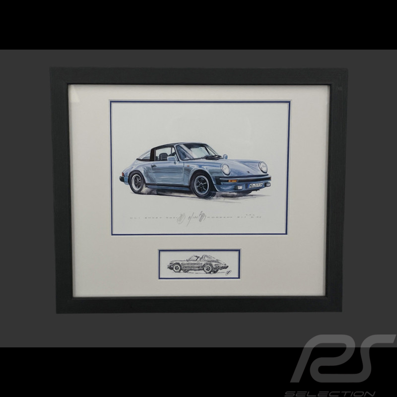 Porsche Frame 911 Targa SC Blue Black Wooden Frame with Sketch 25 x 30 cm - Uli Ehret