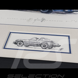 Porsche Rahmen 911 Targa SC Blaue Schwarzer Holzrahmen mit Skizze 25 x 30 cm - Uli Ehret