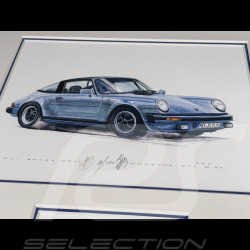 Porsche Rahmen 911 Targa SC Blaue Schwarzer Holzrahmen mit Skizze 25 x 30 cm - Uli Ehret