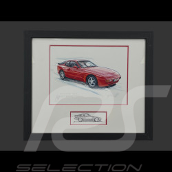 Cadre Porsche 944 Rouge Cadre en Bois Noir avec esquisse 25 x 30 cm - Uli Ehret