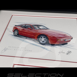 Cadre Porsche 944 Rouge Cadre en Bois Noir avec esquisse 25 x 30 cm - Uli Ehret