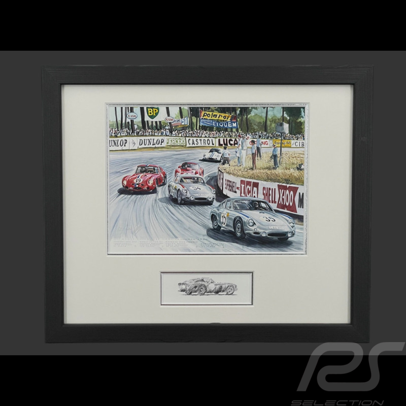 Ferrari Frame 250 GTO / Porsche 356B GTL Abarth / Maserati Tipo 151 Black Wooden Frame with Sketch 25 x 30 cm - Uli Ehret