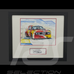 BMW Rahmen 3.0 CSL n° 93 Art Car René Calder 24h Le Mans 1975 Schwarzer Holzrahmen mit Skizze 25 x 30 cm - Uli Ehret
