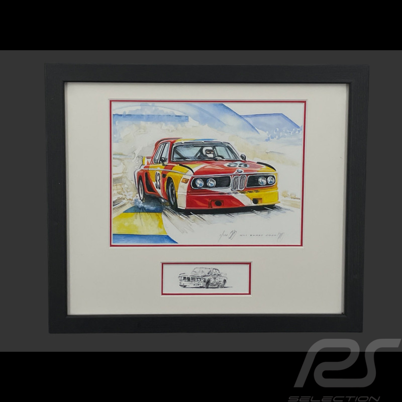 Cadre BMW 3.0 CSL n° 93 Art Car René Calder 24h Le Mans 1975 Cadre en Bois Noir avec esquisse 25 x 30 cm - Uli Ehret