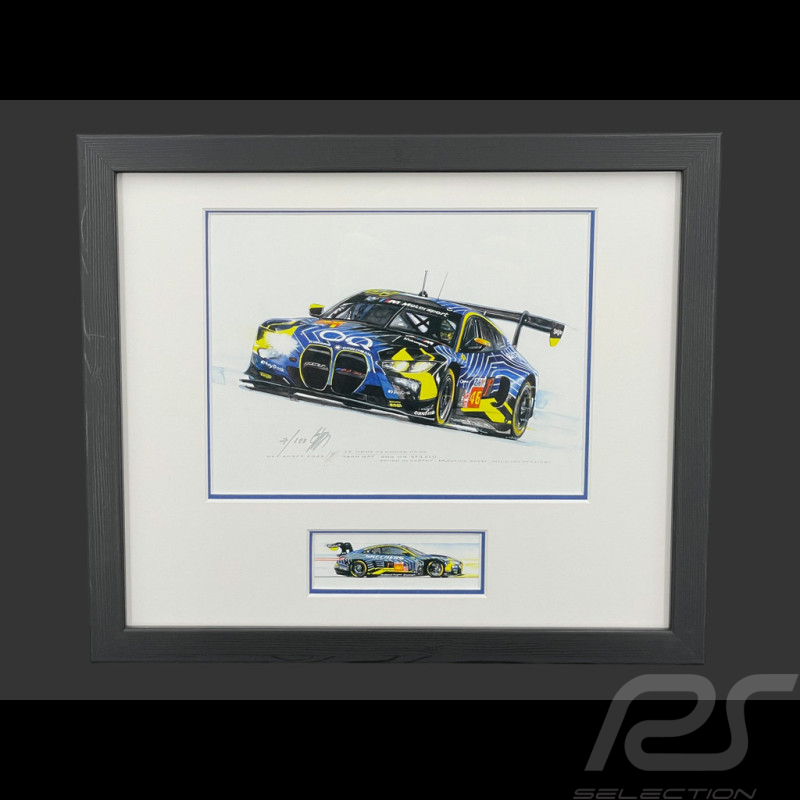 BMW Rahmen M4 GT3 Evo n° 46 24h Le Mans 2025 Schwarzer Holzrahmen mit Skizze 25 x 30 cm - Uli Ehret