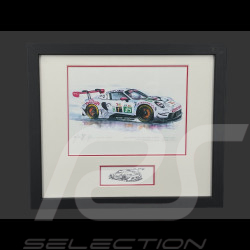 Porsche Rahmen 911 RSR Typ 991 n° 85 Iron Dames 24h Le Mans 2025 Schwarzer Holzrahmen mit Skizze 25 x 30 cm - Uli Ehret