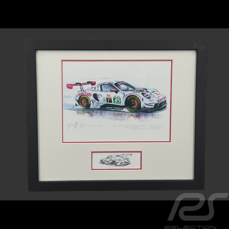Porsche Frame 911 RSR Type 991 n° 85 Iron Dames 24h Le Mans 2025 Black Wooden Frame with Sketch 25 x 30 cm - Uli Ehret