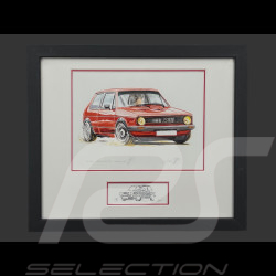 Volkswagen Rahmen Golf GTI Rote Schwarzer Holzrahmen mit Skizze 25 x 30 cm - Uli Ehret