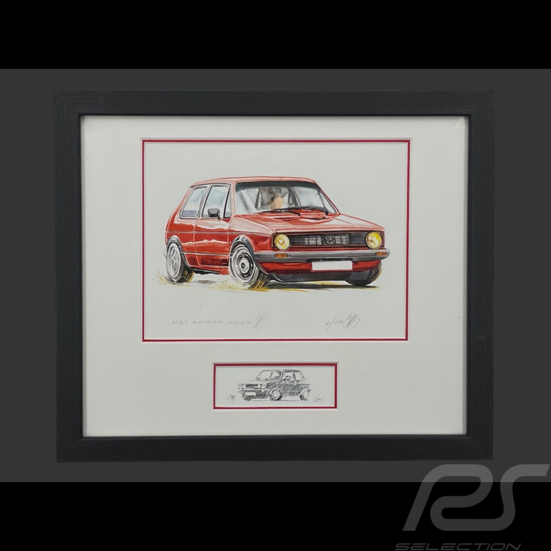 Volkswagen Rahmen Golf GTI Rote Schwarzer Holzrahmen mit Skizze 25 x 30 cm - Uli Ehret
