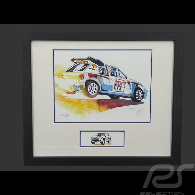 Peugeot Rahmen 205 Turbo 16 Rallye n° 15 Schwarzer Holzrahmen mit Skizze 25 x 30 cm - Uli Ehret