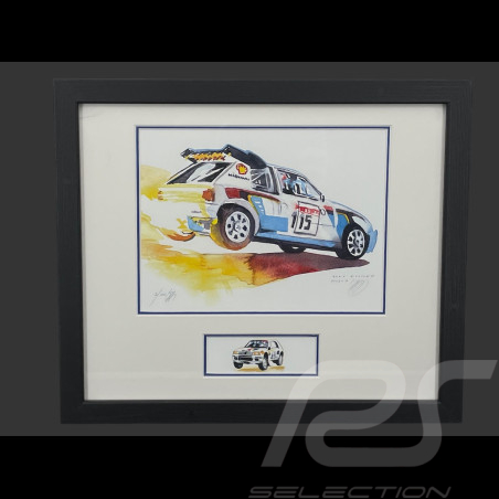 Peugeot Frame 205 Turbo 16 Rally n° 15 Black Wooden Frame with Sketch 25 x 30 cm - Uli Ehret