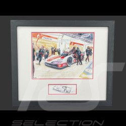Porsche Rahmen 963 Penske n° 6 24h Le Mans 2024 Last Pitstop Schwarzer Holzrahmen mit Skizze 25 x 30 cm - Uli Ehret