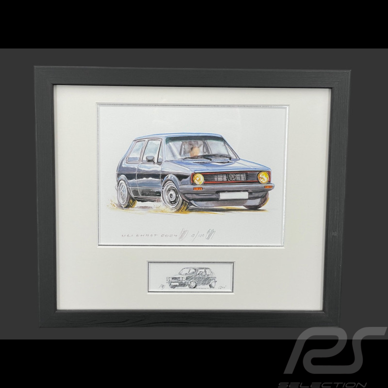 Cadre Volkswagen Golf GTI Noire Cadre en Bois Noir avec esquisse 25 x 30 cm - Uli Ehret