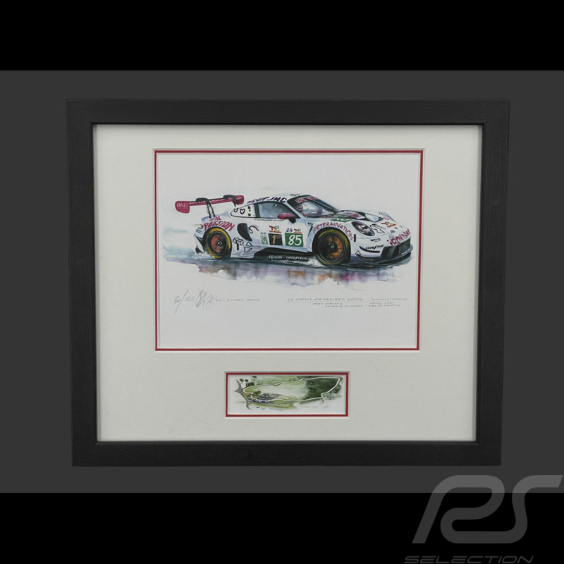 Porsche Frame 911 RSR Type 991 n° 85 Iron Dames 24h Le Mans 2025 Black Wooden Frame with Sketch 25 x 30 cm - Uli Ehret