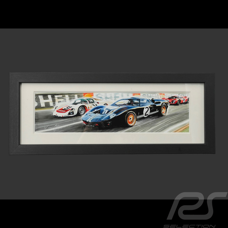 Ford Rahmen GT40 Mk.II n° 2 / Porsche 906/6L Carrera 6 n° 31 24h Le Mans 1966 Schwarzer Holzrahmen 38 x 15 cm - Uli Ehret