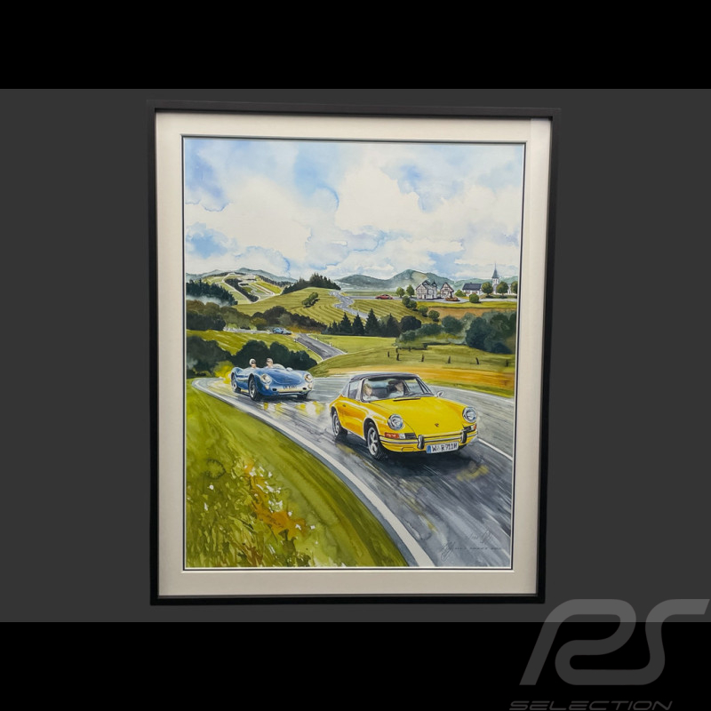 Porsche Rahmen 911 Targa Gelb / Porsche 550 Spyder Schwarzer Holzrahmen 40 x 50 cm - Uli Ehret