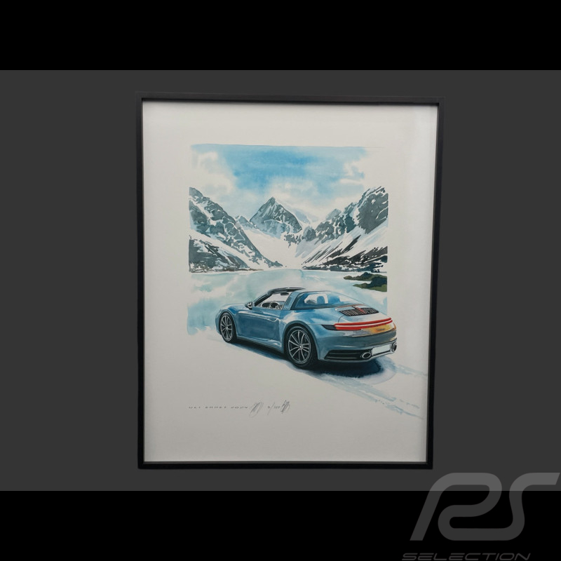Porsche Rahmen 911 Targa 2025 Schwarzer Holzrahmen mit Skizze 40 x 50 cm - Uli Ehret
