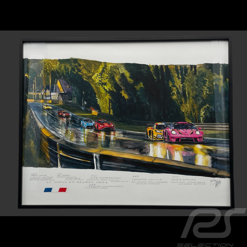 Cadre 24h Le Mans 2023 La Courbe de Mulsanne Cadre en Bois Noir avec esquisse 40 x 50 cm - Uli Ehret