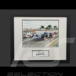 Cadre Ford GT40 n° 2 / Porsche 906/6L n° 31 24h Le Mans 1966 Cadre en Bois Noir avec esquisse 25 x 30 cm - Uli Ehreth