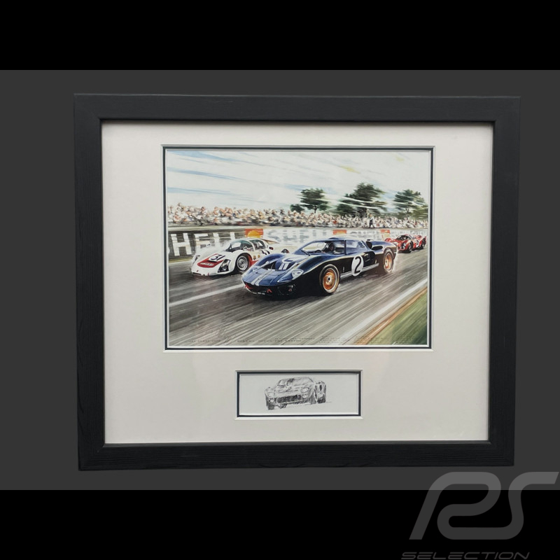 Ford Rahmen GT40 n° 2 / Porsche 906/6L n° 31 24h Le Mans 1966 Schwarzer Holzrahmen mit Skizze 25 x 30 cm - Uli Ehret