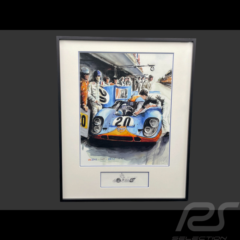 Steve McQueen Frame Porsche 917K n° 20 24h Le Mans 1970 Black Wooden Frame with Sketch 40 x 50 cm - Uli Ehret