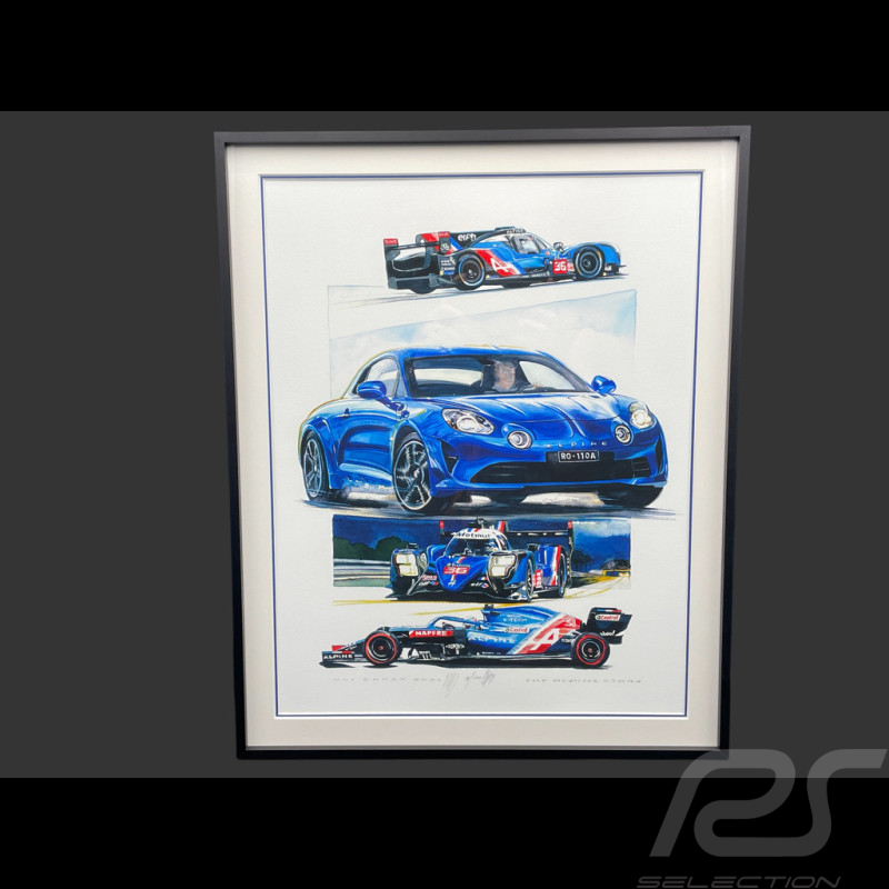 Cadre Alpine A110 / A521 F1 / A480 LMP1 n° 36 / A424 n° 36 Cadre en Bois Noir avec esquisse 40 x 50 cm - Uli Ehret