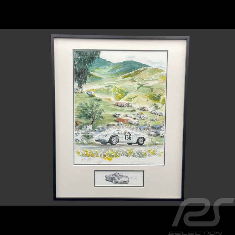Cadre Porsche RS61 n° 126 Stirling Moss Targa Florio 1961 Cadre en Bois Noir avec esquisse 40 x 50 cm - Uli Ehret