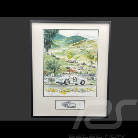 Porsche Rahmen RS61 n° 126 Stirling Moss Targa Florio 1961 Schwarzer Holzrahmen mit Skizze 40 x 50 cm - Uli Ehret