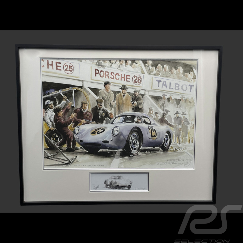 Cadre Porsche 550A / 4RS Coupé n° 25 24h Le Mans 1956 Cadre en Bois Noir avec esquisse 40 x 50 cm - Uli Ehret