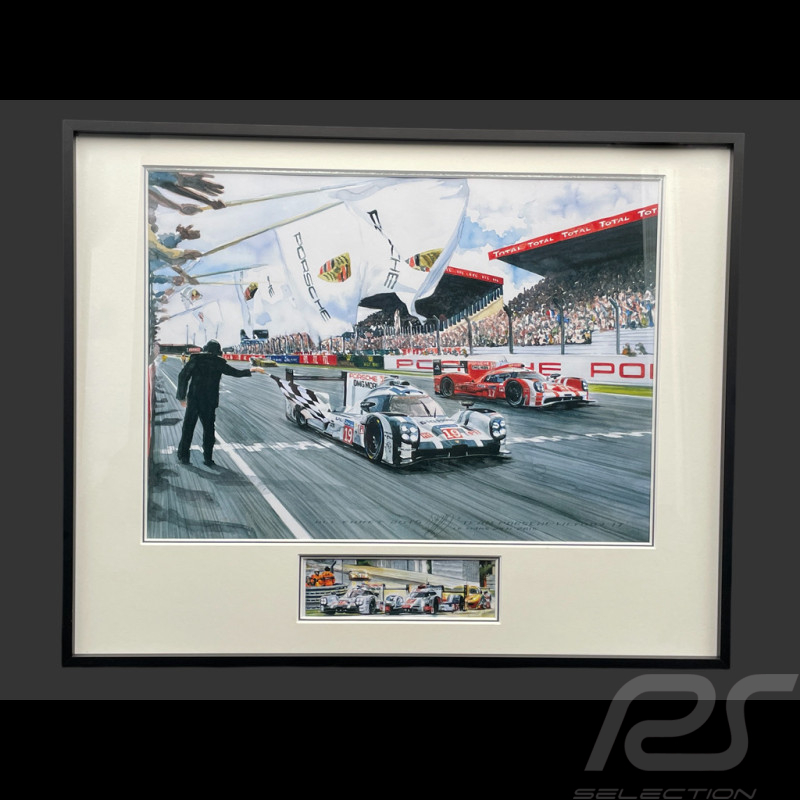 Porsche Rahmen 919 Hybrid n° 19 Sieger 24h Le Mans 2015 Schwarzer Holzrahmen mit Skizze 40 x 50 cm - Uli Ehret