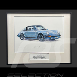 Porsche Rahmen 911 Targa SC Blau Schwarzer Holzrahmen mit Skizze 40 x 50 cm - Uli Ehret