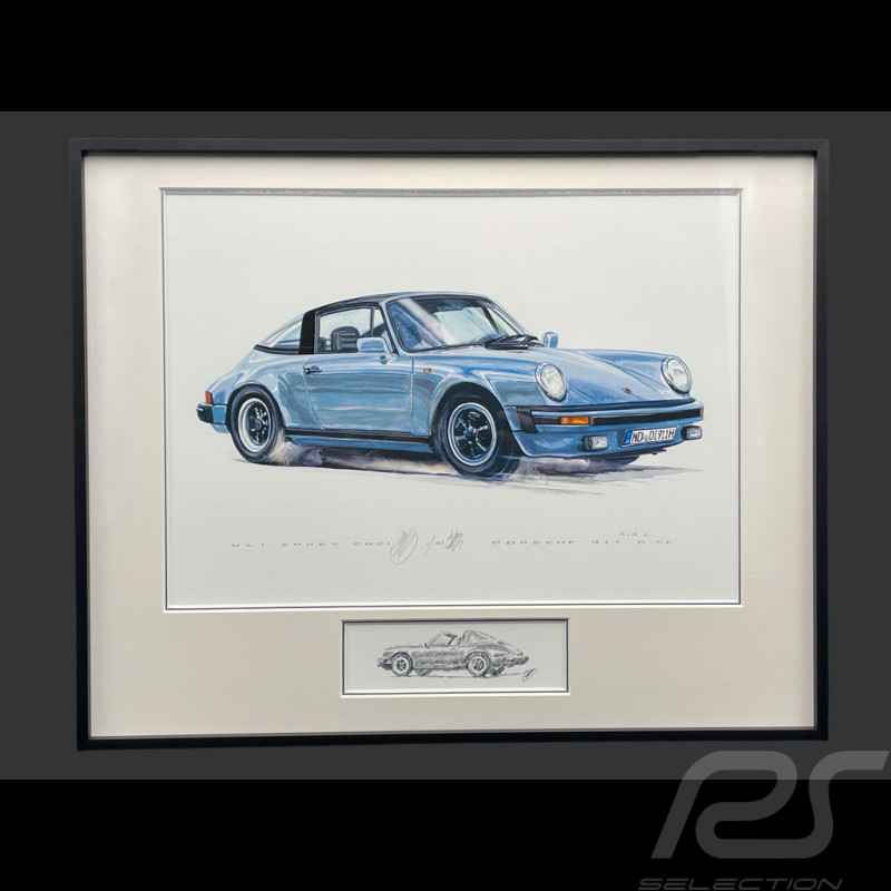 Cadre Porsche 911 Targa SC Bleue Cadre en Bois Noir avec esquisse 40 x 50 cm - Uli Ehret
