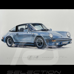 Porsche Rahmen 911 Targa SC Blau Schwarzer Holzrahmen mit Skizze 40 x 50 cm - Uli Ehret