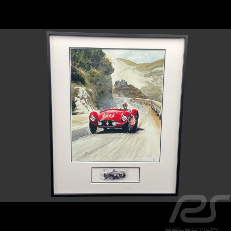 Cadre Maserati A6 GCS n° 66 Juan Manuel Fangio Targa Florio 1953 Cadre en Bois Noir avec esquisse 40 x 50 cm - Uli Ehret
