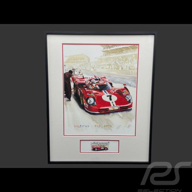 Ferrari Rahmen 512 S n° 7 24h Le Mans 1970 Schwarzer Holzrahmen mit Skizze 40 x 50 cm - Uli Ehret