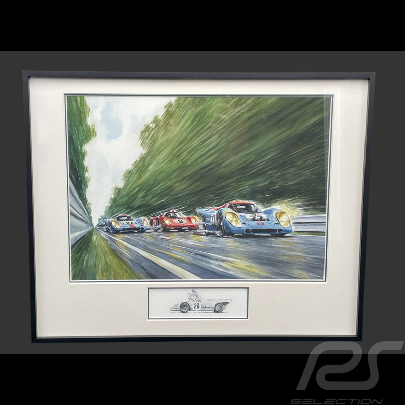 Cadre Steve McQueen Porsche 917 KH n° 21 24h Le Mans 1970 Cadre en Bois Noir avec esquisse 40 x 50 cm - Uli Ehret